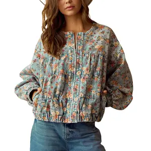 Chouyatou Women's Spring & Autumn Floral Denim Jacket Y2K Casual Loose Short Coat with Pockets Chouyatou Women's Spring & Autumn Floral Denim Jacket Y2K Casual Loose Short Coat with Pockets
