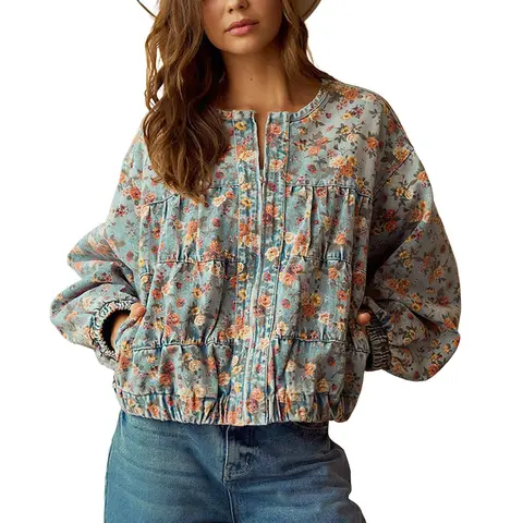 Chouyatou Women's Spring & Autumn Floral Denim Jacket Y2K Casual Loose Short Coat with Pockets
