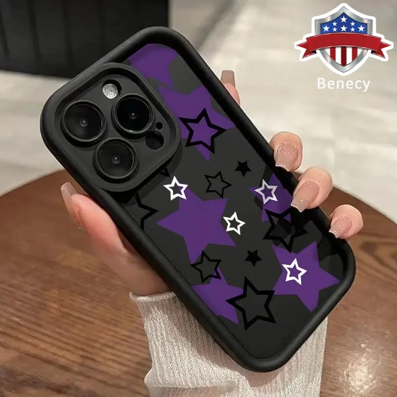 Purple Stars Pattern TPU Rugged Soft Phone Case for iPhone 15-16,14 Pro Max,13-12,11,XR,XS Plus - Shockproof, Drop Protection, Non-Slip Mobile Phone Accessory for iPhone Series Multi-Model with Raised Lips