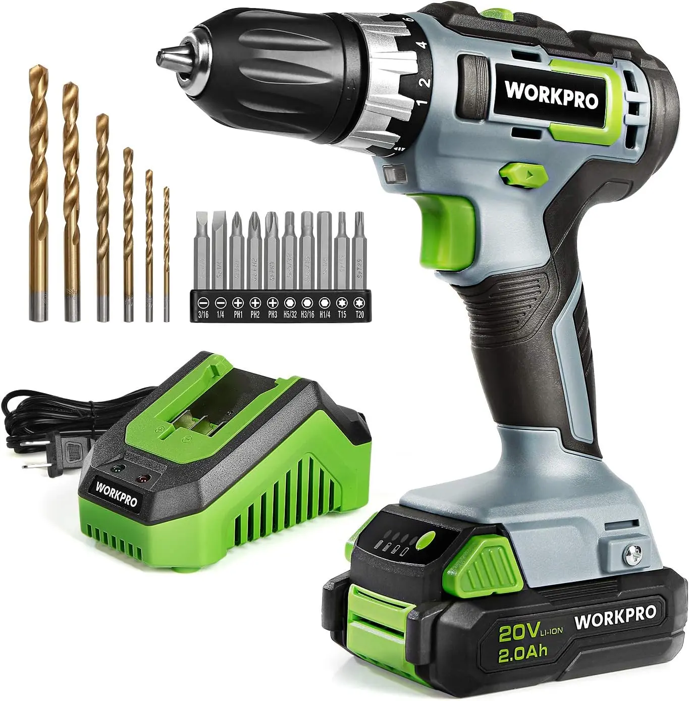 #summersale WORKPRO 20V Cordless Drill/Driver Kit, 3/8”, 18+2 Torque Setting, Variable Speed, 2.0 Ah Li-ion Battery and 1 Hour Fast Charger