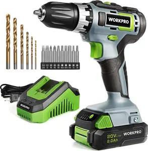 #SpringGlowUp WORKPRO 20V Cordless Drill/Driver Kit, 3/8”, 18+2 Torque Setting, Variable Speed, 2.0 Ah Li-ion Battery and 1 Hour Fast Charger