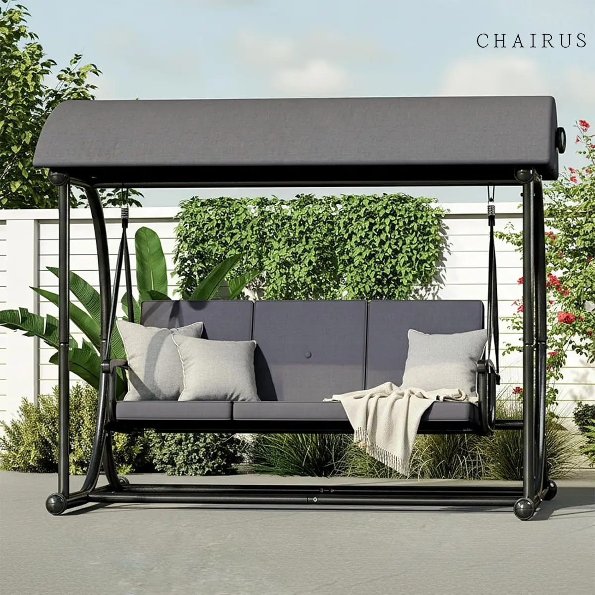 CHAIRUS 3 Seat Patio Swing with Canopy, Convertible Porch Swing Bed for Adults, Heavy Duty Outdoor Swing Chair with Stand for Backyard Garden Balcony, Thick Cushion, Gray summergarden