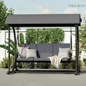 【Mother's Day Gifts】CHAIRUS 3 Seat Patio Swing with Canopy, Convertible Porch Swing Bed for Adults, Heavy Duty Outdoor Swing Chair with Stand for Backyard Garden Balcony, Thick Cushion, Gray outdoorfun