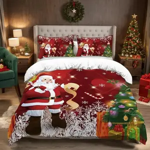 3PCS Merry Christmas bedding set -1 duvet cover and 2 pillowcases, featuring holiday Santa Claus and gift box ,snowflake design print kit, perfect for comfortable New Year and Christmas home decor