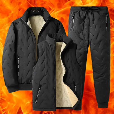 Men's Matched 3-Pc Set, Plain Mock Neck Cozy Lambswool Coat, Long-Sleeve Vest, Fleece-Lined Polyester Pants with Pocket - Autumn Winter Casual Durable Menswear (Arms Fully Covered)