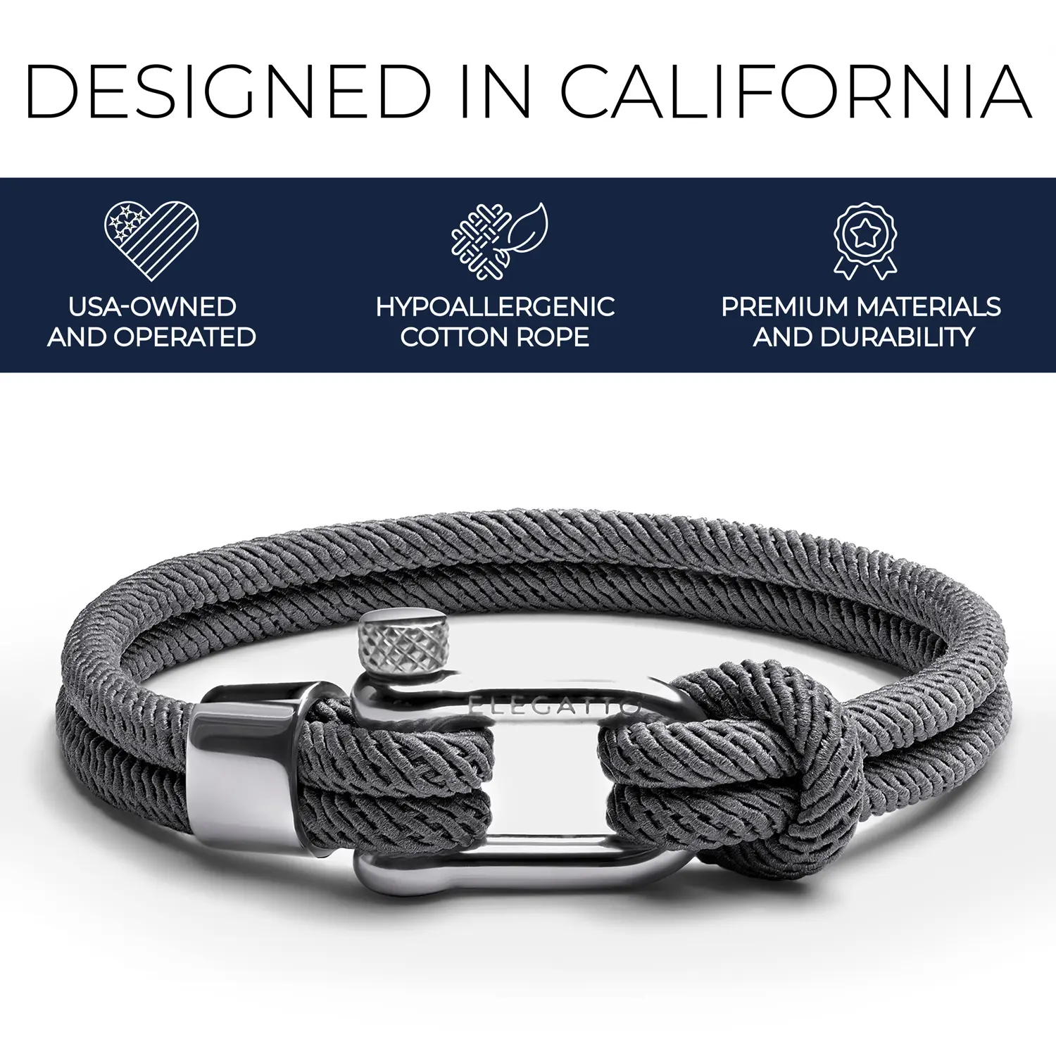 Elegatto Alchor Platinum Rope Bracelet for Men | Premium Nylon Marine Cord with Silver Polished Stainless Steel Shackle Closure | Waterproof and Fade-Resistant | Men’s Designer Bracelets