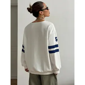 Women's Sporty Colorblock Numeric Jersey Sweatshirt White V Neck Drop Shoulder Tight Hem Casual Pullover with Pocket Polyester Fabric Tops for Teachers' Day & Graduation