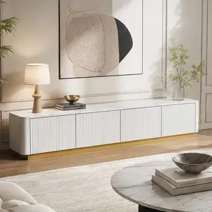 ARCH Luxury Fluted TV Stand for TVs Up to 85" Faux Marble Media Console with 4 Drawers Curved Profile Design Modern Entertainment Center Gold Base Living Room White MDF, Black/White Color Options, MDF/Particle Board+MDF Material, Color: White