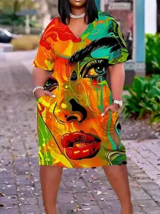 Plus Size Style Casual Fashion Loose Women's Dress Spring Summer, Colorblock Print V Neck Straight Tube Top with Pockets