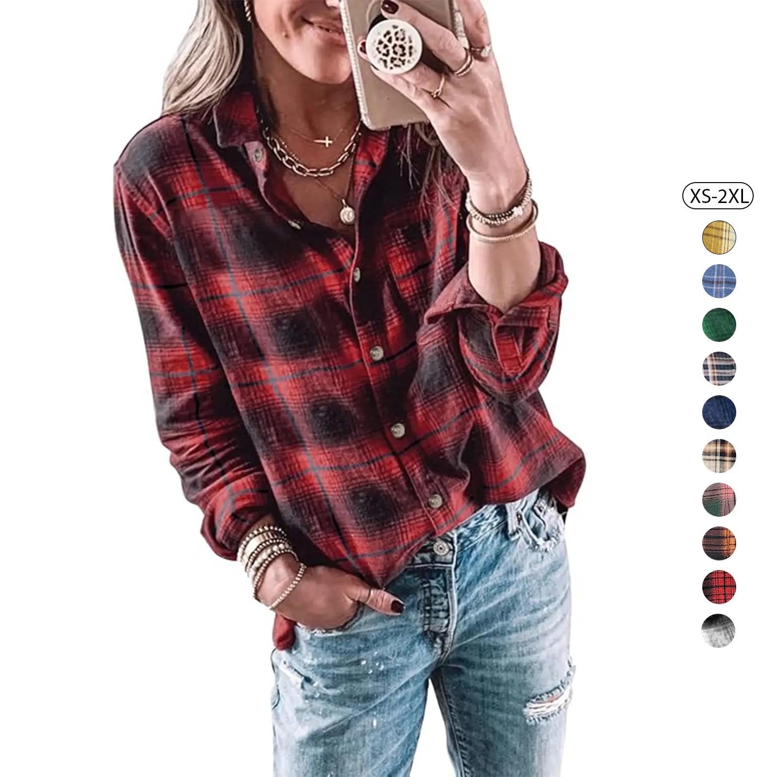 Tankaneo Womens Long Sleeve Button Down Shirt Casual Plaid Flannel Shirt Collared Blouse Tops