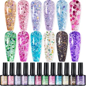 Glitter Sequins Gel Nail Polish Sparkly Shiny Pink Yellow Blue Green Gel Nail Polish Set Soak Off U V Nail Gel Nail Art Manicure Varnish Kit 7.3ML 12 PCS