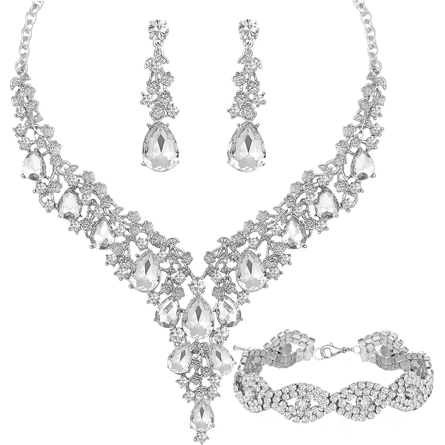 4PCS Wedding Bridal Bridesmaid Austrian Crystal Rhinestone Jewelry Sets Statement Choker Necklace Earrings Bracelets Sets for Wedding Party Prom