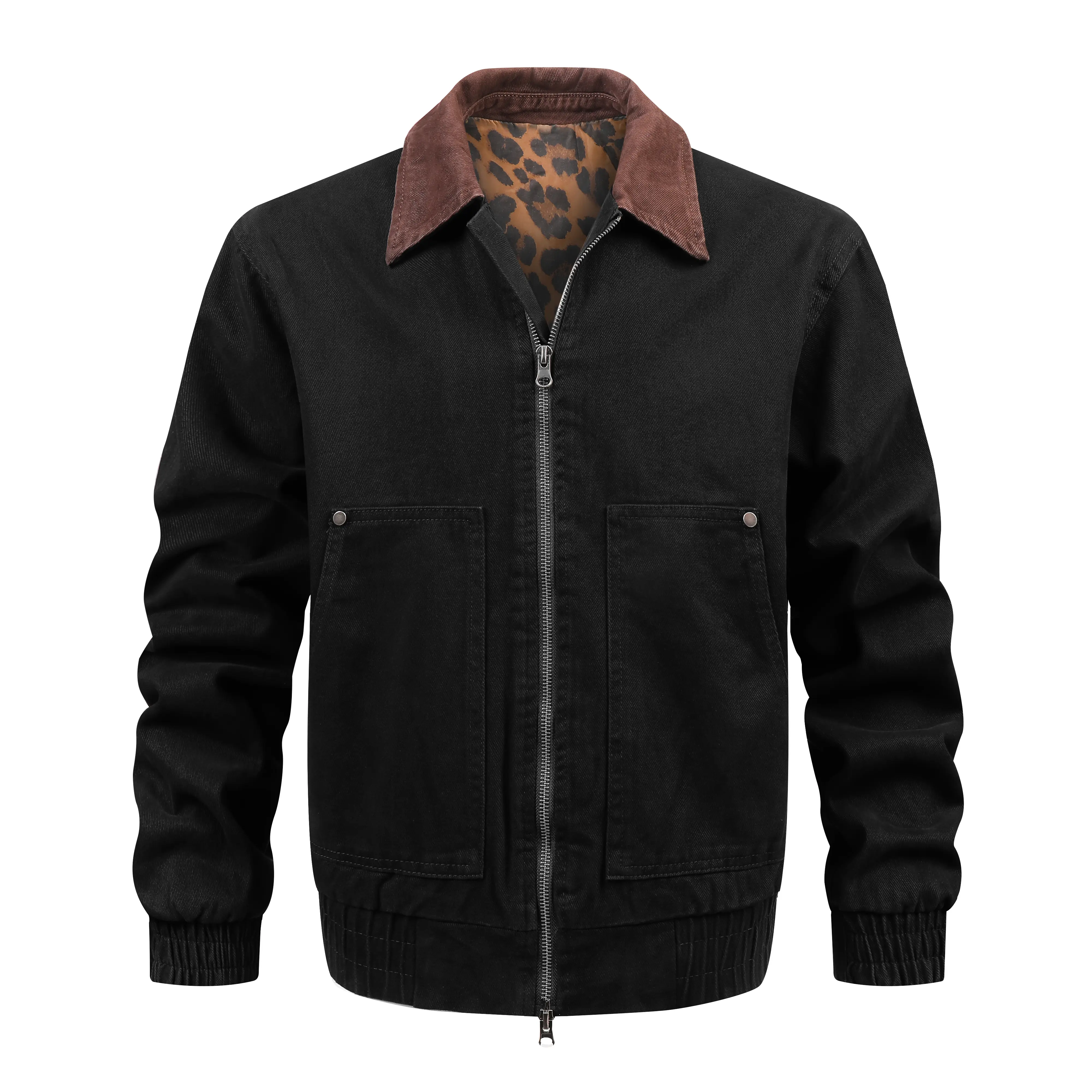 Men's Full Zip Work Jacket, Long Sleeve Casual Outerwear with Contrast Collar, Leopard Print Lining and Utility Pockets for Fall Everyday Wear