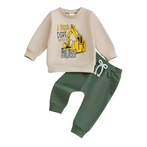 Kids Toddler Baby Boys Outfits Letters Excavator Print Long Sleeve Sweatshirt with Sweatpants 2-piece Fall Outfit