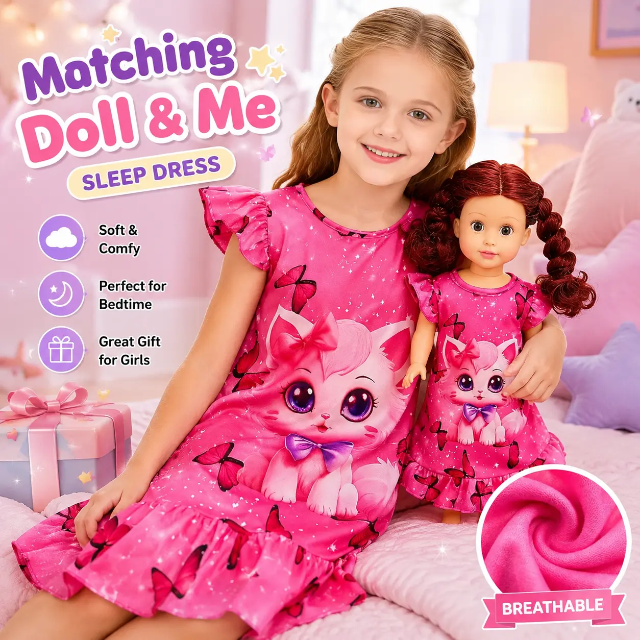 TPHON 18-Inch Doll Clothes Matching Nightgown Set for Girls, Doll Pajamas & Girls Sleepwear, Dress Up Outfit for Pretend Play, Sleepovers & Birthday Gifts tiktokshopbacktoschool