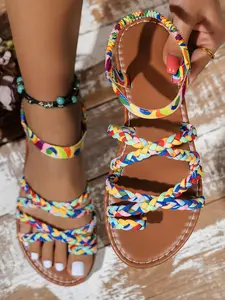 Rainbow Braided Open Toe Women's Flat Sandals, Ethnic Style Strap Design, Comfortable Rubber Roman Slippers for Beach & Daily Wear