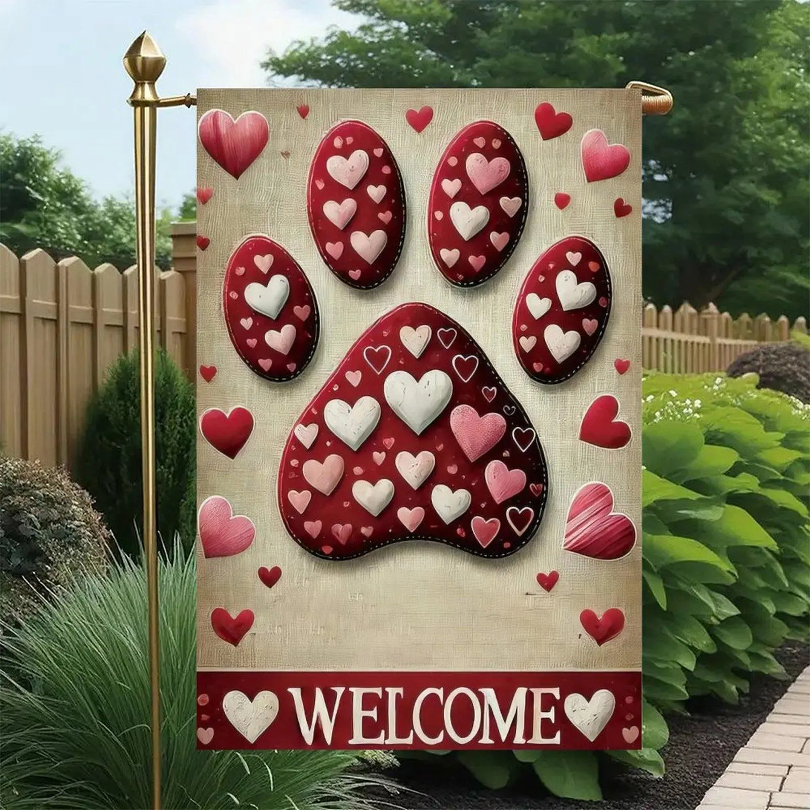 Red Heart Paw Print Vintage Textured Welcome Valentines Pet Love Romantic Garden Flag Double-Sided 12x18in, Dog Cat Paw Heart Patio Sign