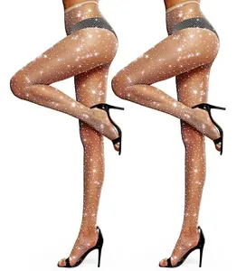 LUCKELF Sexy Party Crystal Mesh Stockings 2 Pairs Sparkle Rhinestone Fishnets Tights (Large Beige)