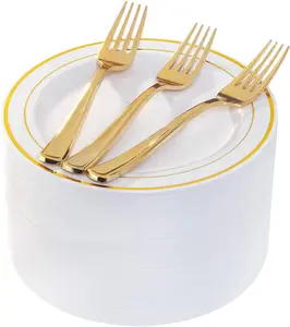144 Small Plastic Dessert Plates Set Include 72 Pcs Gold Dessert Plates 7.5" with 72 Pcs Forks 7.5",Disposable Cake Plate,Fancy White Gold Plastic Small Plates for Party