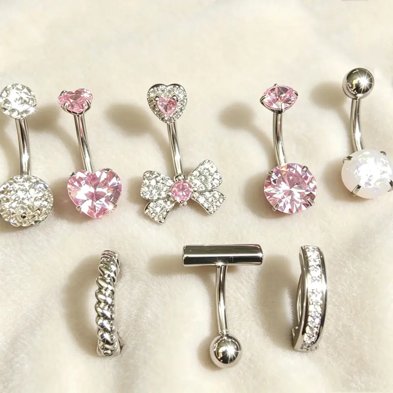 8PCS Belly Button Rings Kit,Sexy Short Style Stainless Steel Belly Button Piercing,14G 1.6MM Pink Belly Ring Cute Navel Belly Piercing for Women