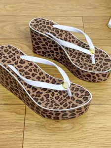 Fashion Leopard Print Higher Platform Sandals for Women, Casual Vacation Lightweight Flip Flops, Beach Leisure Footwear