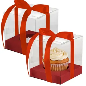 Mini Cake Boxes 3.54x3.54x3.54 inch Transparent Treat Boxes Hold Cake,Donut,Pastries,Cookies for Wedding, Birthday, Christmas, Party（Red/Pink）