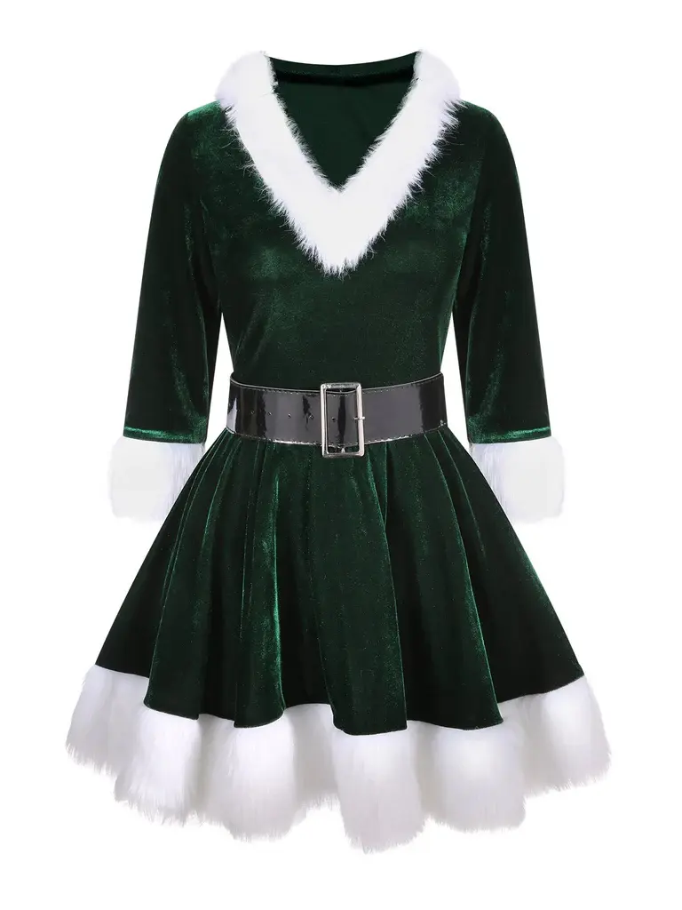 RETRO STAGE Women's 1960s Green Velvet Hooded Dress, V-Neck Patchwork Party Fit Above The Knee with Belt, Women's Clothes, 1960S Aesthetic, Historical/Period