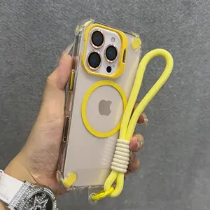 Four corner shock-absorbing lens holder with transparent magnetic phone case and wrist strap, equipped with lens protection cover suitable for iPhone 17 Pro Max Air16 15 14 Plus 13 12 11Pro Max compatible with MagSafe wireless charging, Shockproof