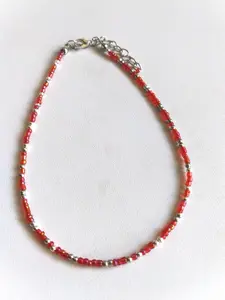Red Silver  Glass Seed Bead Anklet Ankle Bracelet large plus Adjustable 9"