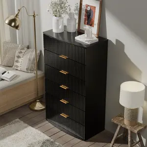 Modern 6 Drawers, Fluted Chest of Drawers with Curved Tabletop, Black and Gold Vertical Dresser with Metal Handle, Wooden Dressers