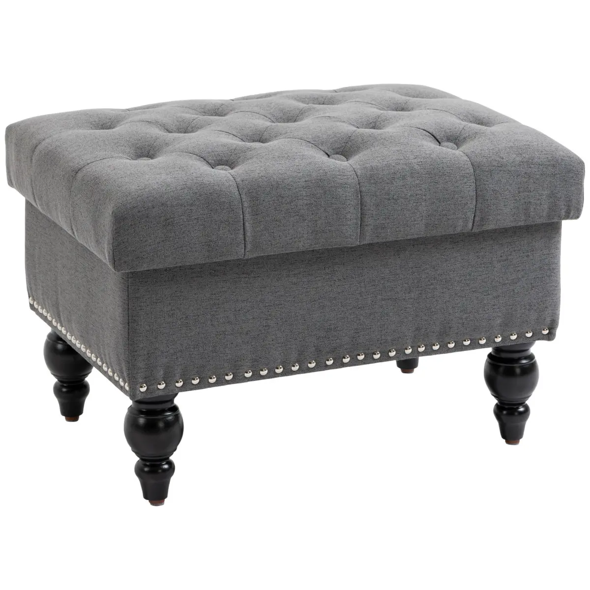 Classic Vintage Rectangular Linen Fabric Storage Ottoman Bench - Button-Tufted, Studded Trim, Gray Indoor Piece with Removable Lid, Wood Legs, Non-Skid Foot Pads, 25" W x 17.75" D x 17" H Space-Saving Footrest/Seat for Living Room, 17.20lbs