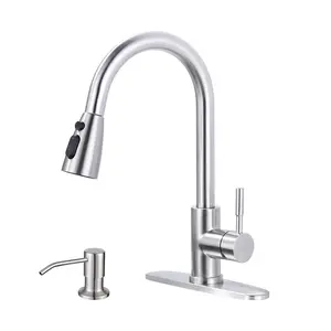 WOWOW Kitchen Sink Faucet with Soap Dispenser, Stainless Steel Pull Down Kitchen Faucet Brushed Nickel Utility Sink Faucet Single Handle