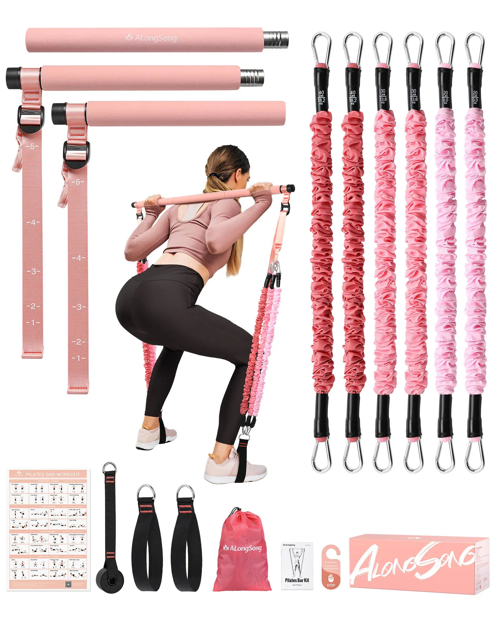 ALongSong Pilates Bar Kit with Resistance Bands Portable Home Workout Equipment with Timer for Full Body Exercise Fitness Equipment Yoga Pilates Bar K