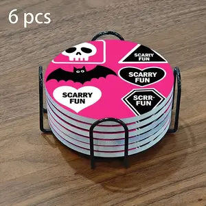 6-piece ceramic coaster set, featuring a pink background with skull and bat patterns. Heat-resistant, non-slip coasters with holders, perfect for home, dining, and as beverage mats.