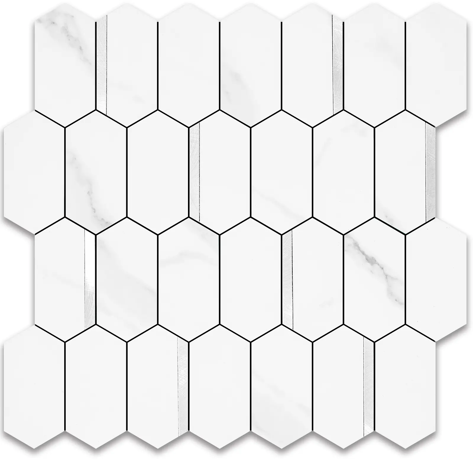 Vamos Tile Long Hexagon Peel and Stick Backsplash Tile - 10 Sheets Stick on Backsplash for Kitchen and Bathroom 12.4 x 12 Inch White Marble Look PVC Mixed Metal Silver Self Adhesive Mosaic Wall Tiles