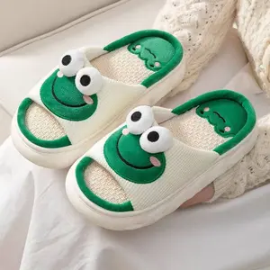 Super Soft Cloud Home Slides Linen Slippers for Women's Cartoon Shark Four Seasons Slippers Practical Cotton Slippers Green Frog Comfortable Cushioning Non-Slip Durable