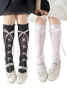 2 Pairs Girl Knee-High Socks with Bow Design, Breathable Hollow Out, Casual Vacation Style, School Party Fashion for Children