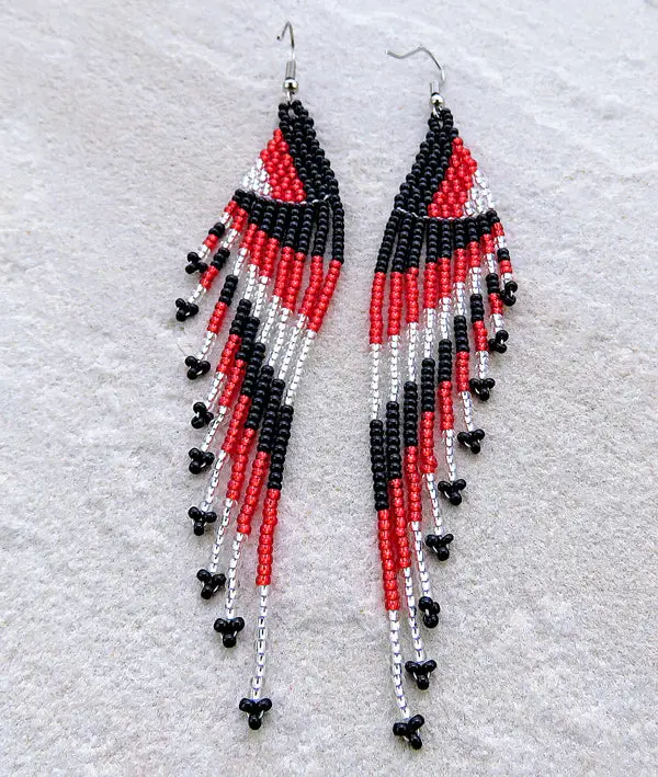 Women's Handmade Zulu Beaded Folk Earrings - Traditional African Art Long Drop Dangle Tassel Costume Jewelry, Savuti Red-Silver-Black Design