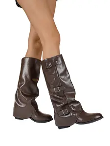 Women's Fall Winter Retro Pleated Mid-Calf Boots, Three Metal Buckles, Western Style, Back Zipper, Slimming Knight Boots, Boots With Zipper