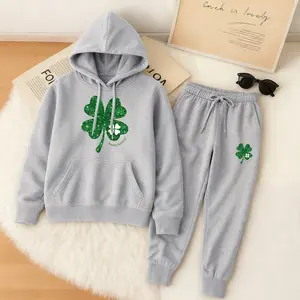 Women's Saint Patrick's Day Glitter Shamrock Print Hoodie And Drawstring Track Pants Set, Spring Autumn Winter Casual Sportswear, Long Sleeve Hooded Sweatshirt And Jogger Pants Set, Everyday Indoor And Outdoor Wear