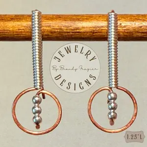 Brandy Frazier Handmade Beaded Wire Wrapped Earrings two tone silver and copper with silver plated Beads Hypoallergenic tarnish  resistant silver plated Jewelry 1.25" Length