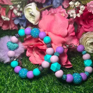 Mermaid vibes wristlet keychain and cup charm set color scheme purple, turquoise and bling beads made circled with wire