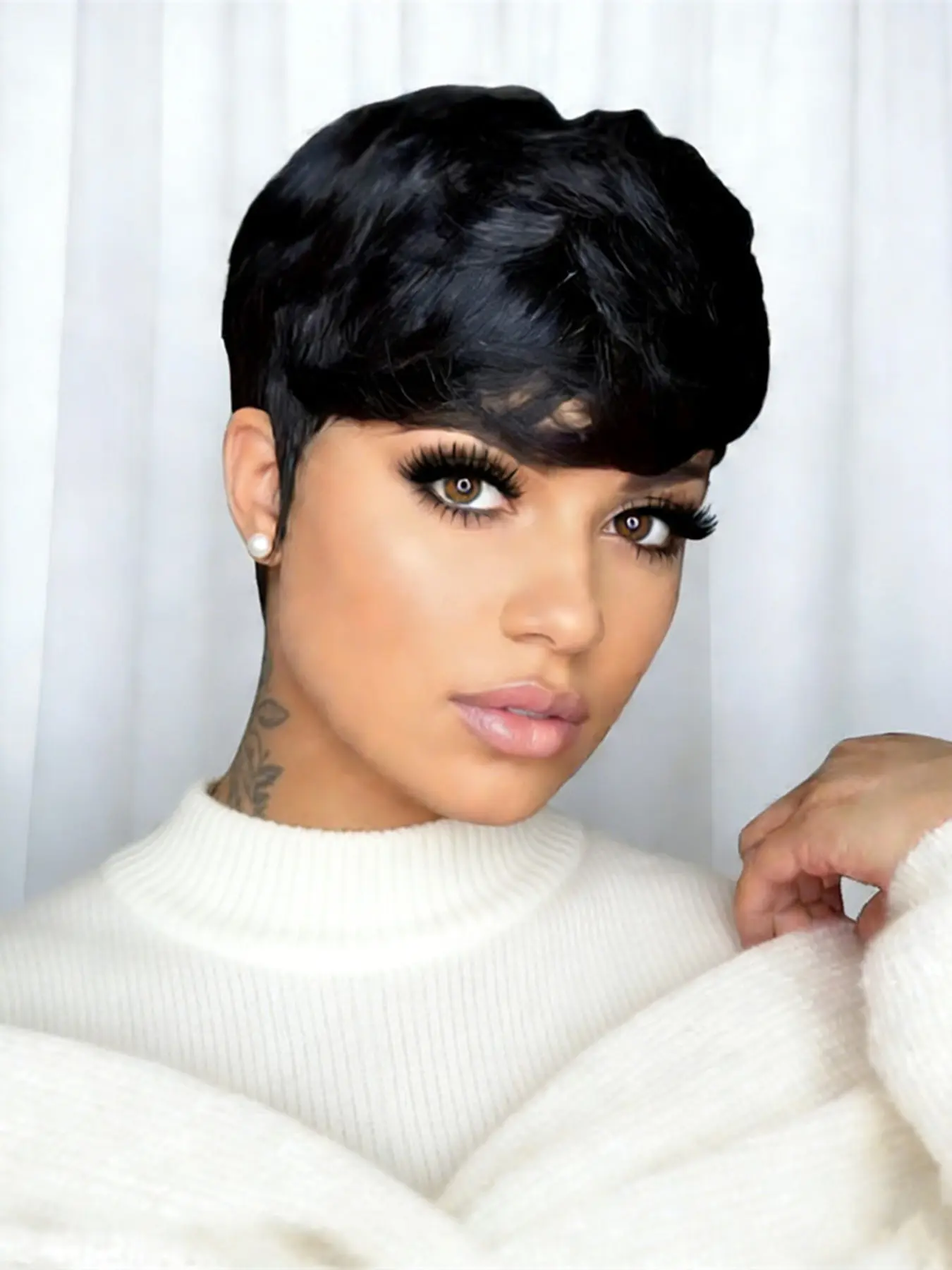 black curly wig pixie wig daily party use human hair wig for women stylish gift wig layered pixie cut human hair wig short human hair wig black color machine made Machine Made Wigs