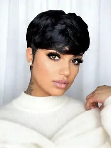 black curly wig pixie wig daily party use human hair wig for women stylish gift wig layered pixie cut human hair wig short human hair wig black color machine made Machine Made Wigs