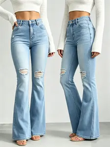 Womenswear Women's High-Rise Stretchy Distressed Flared Jeans - Slim-Fit Bootcut, Soft Denim Fabric, Trendy Vintage-Inspired Curve-Shaping Bottoms