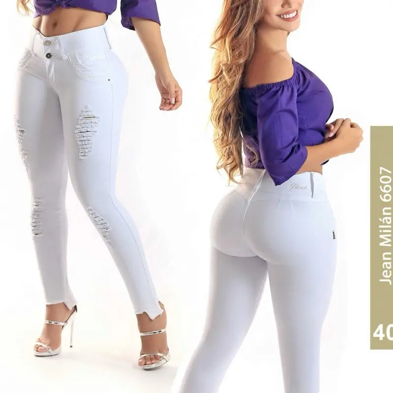 Women's White Denim Bottoms - B66-07 Colombian Luxury Jeans, Premium Fabric, Elegant Style Womenswear, Elegance
