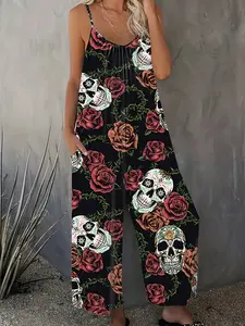 Women's Plus Size Vintage Skull Rose Print Halter Jumpsuit, Loose Wide Leg Vacation Style One-Piece Pants, Casual Summer