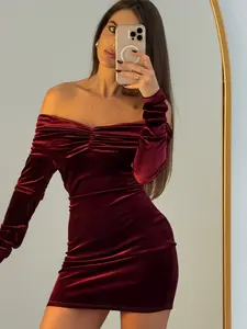 Elegant French Style Waist Cinching Dress, Patchwork Mesh One-Shoulder Bodycon Velvet Gown, All Seasons Women's Fashion