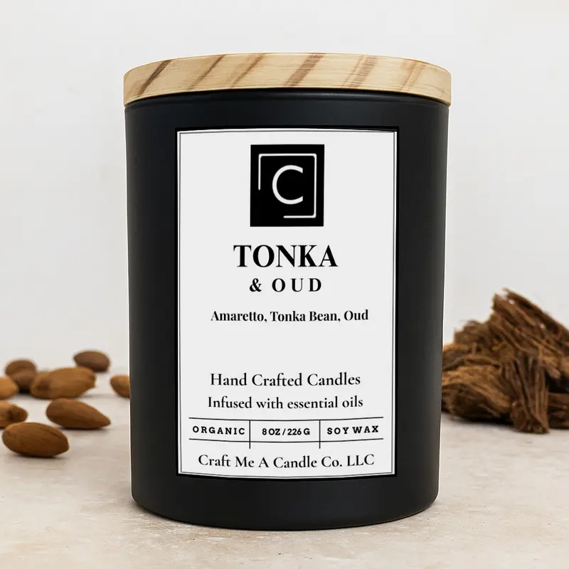 Tonka & Oud Scented Candle – Amaretto, Tonka Bean, Oud | Natural Soy Wax Candles | Round Jar Candles