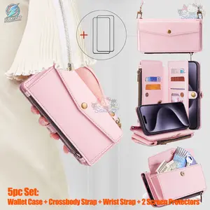 Phone Case: 5pc[Wallet Case + Wrist Strap + Shoulder Strap + 2pcs Screen Protector] foriPhone 17/16/15/14/13/12/11/ProMax/Air/Plus Wallet Case with RFID Card Holder, Magnetic Detachable Case, Includes Camera Lens Protection